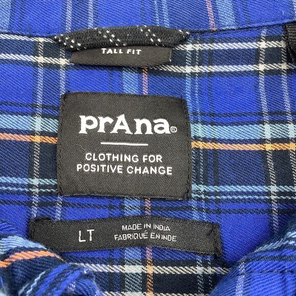 Prana Mens Long Sleeve Button Up Light Flannel Shirt Blue Plaid Size Large Tall - Picture 4 of 4